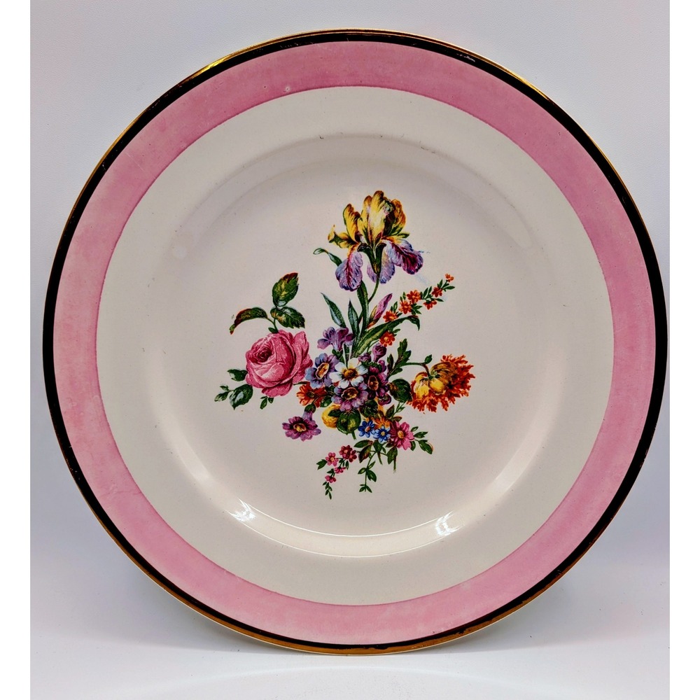 Vintage Grays Pottery England Floral Pink Luster Gold Rim Dinner Plate 10.75in